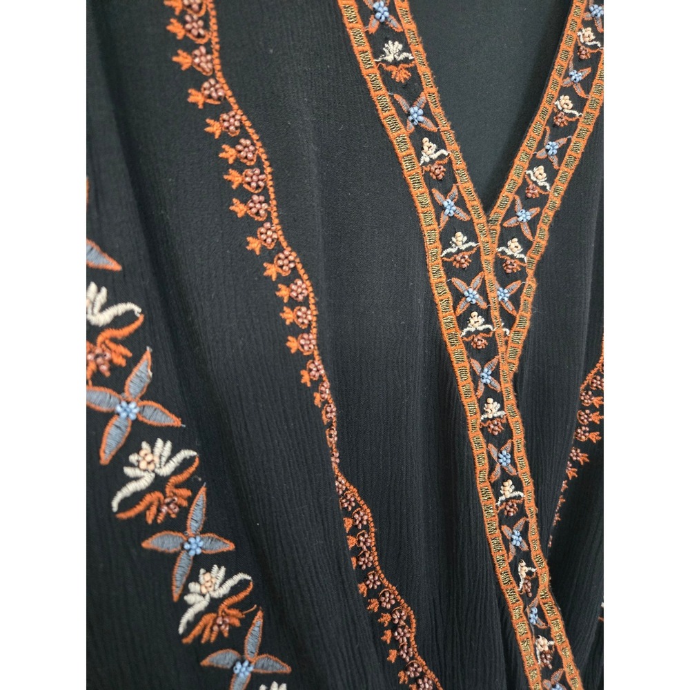 Free People M Black Crescent Moon Embroidered Gauze Top Boho V-Neck Long Sleeve - Picture 2 of 8